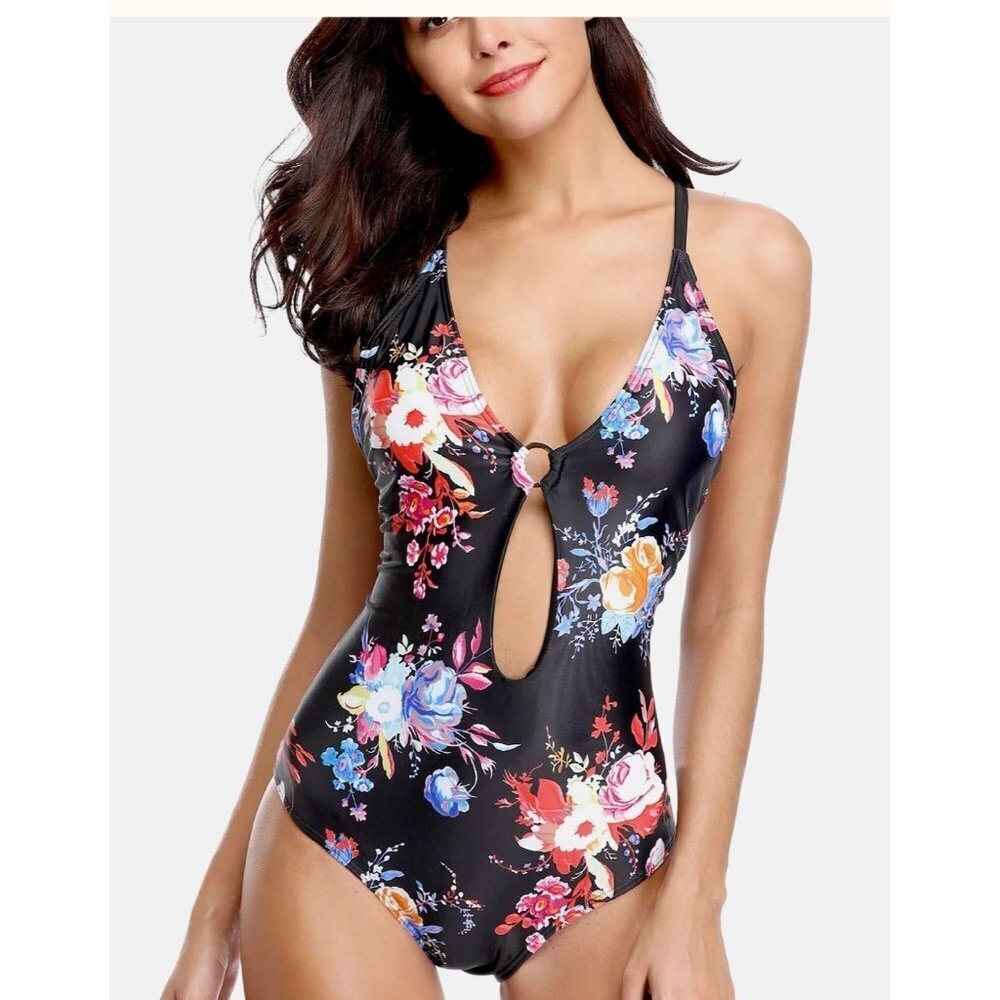Floral Hollow Out Crisscross Womens One Piece Swimsuit Size 2XL